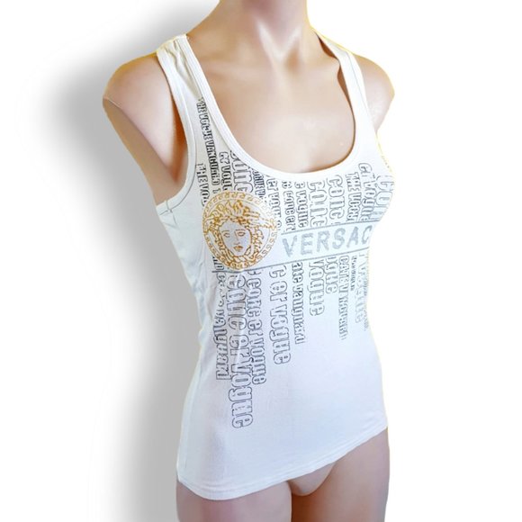 Y2k white Versace singlet top Metallic gold + silver print fits AU 6, 8, 10 - Picture 5 of 5